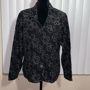 FLAX Black Corduroy Floral Embroidered Cotton Blazer Jacket